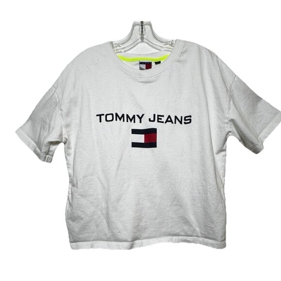 Vintage Tommy Jeans T-Shirt White Spell Out Flag Size‎ Medium Y2K Hip Hop Logo - Picture 3 of 7